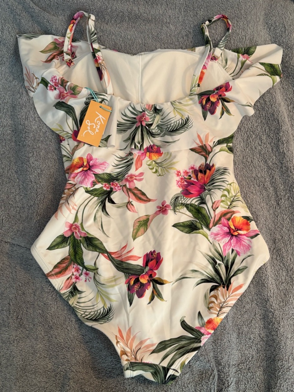 NWT Kona Sol One Piece Swimsuit Tropical Floral Ruffle Flounce Ruched S (4-6) - Picture 7 of 8